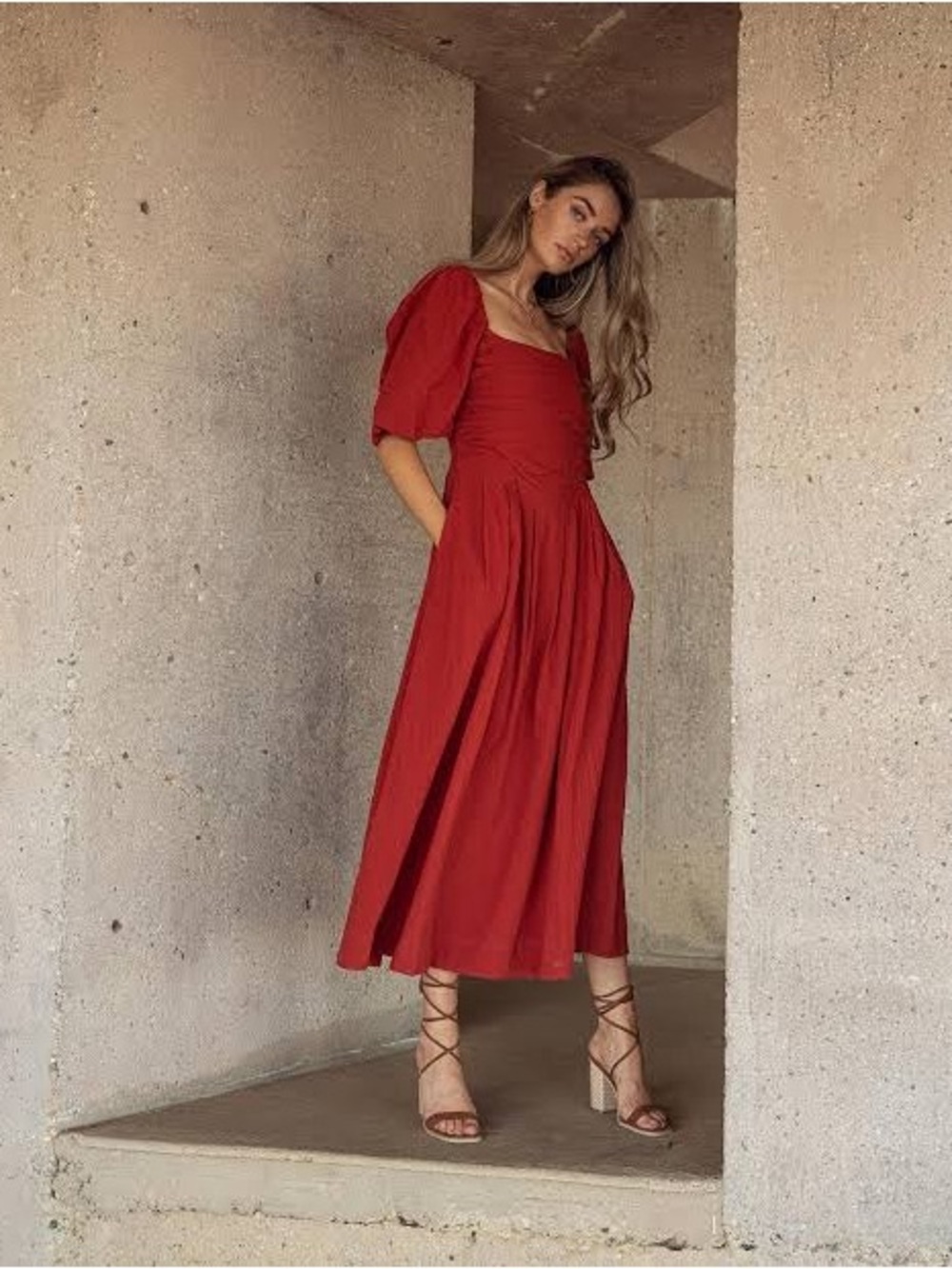 Bohme Red Square-Neck Maxi Dress with Puff Sleeves